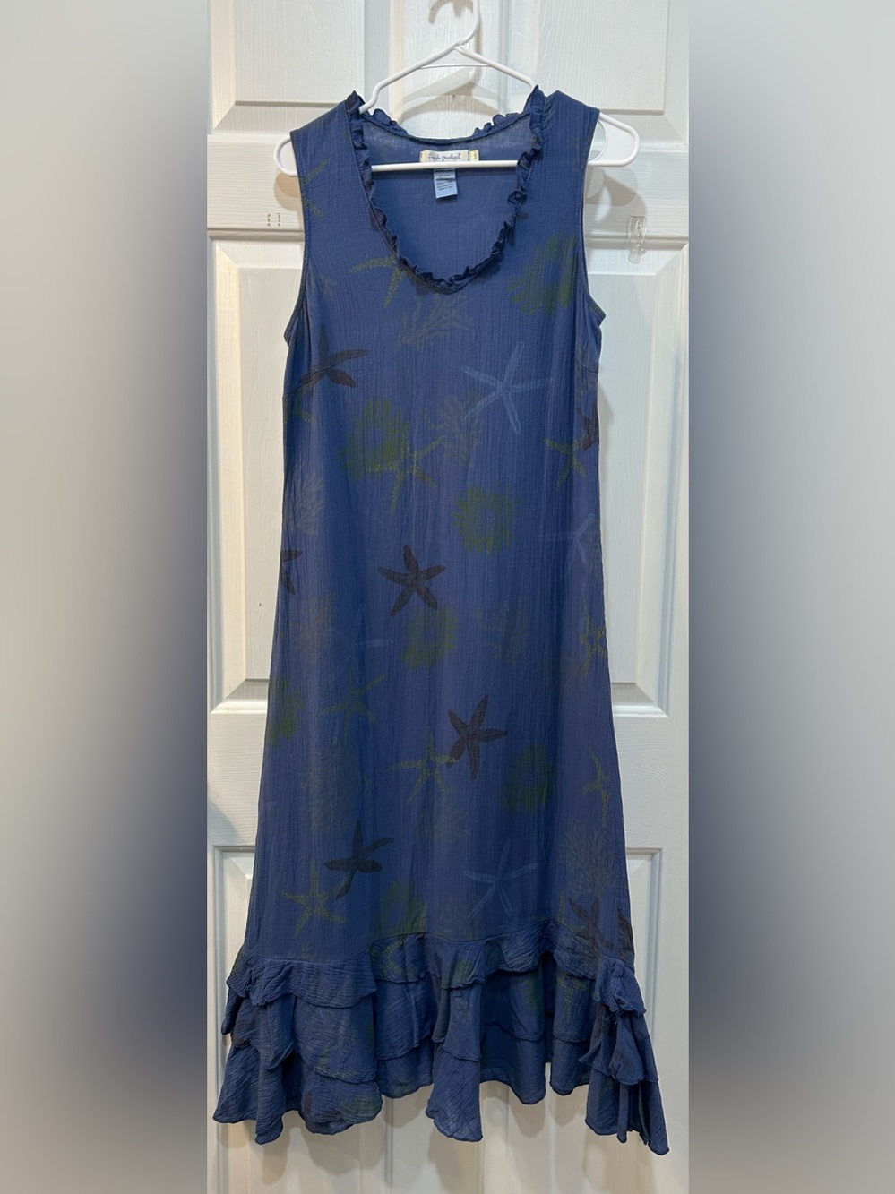 Fresh Produce Gauzy Cotton Midi Dress Sz S Blue Starfish Coral Ruffle USA VTG